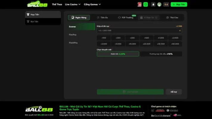 Nạp tiền Ball88 thông qua các loại thẻ thanh toán trực tuyế